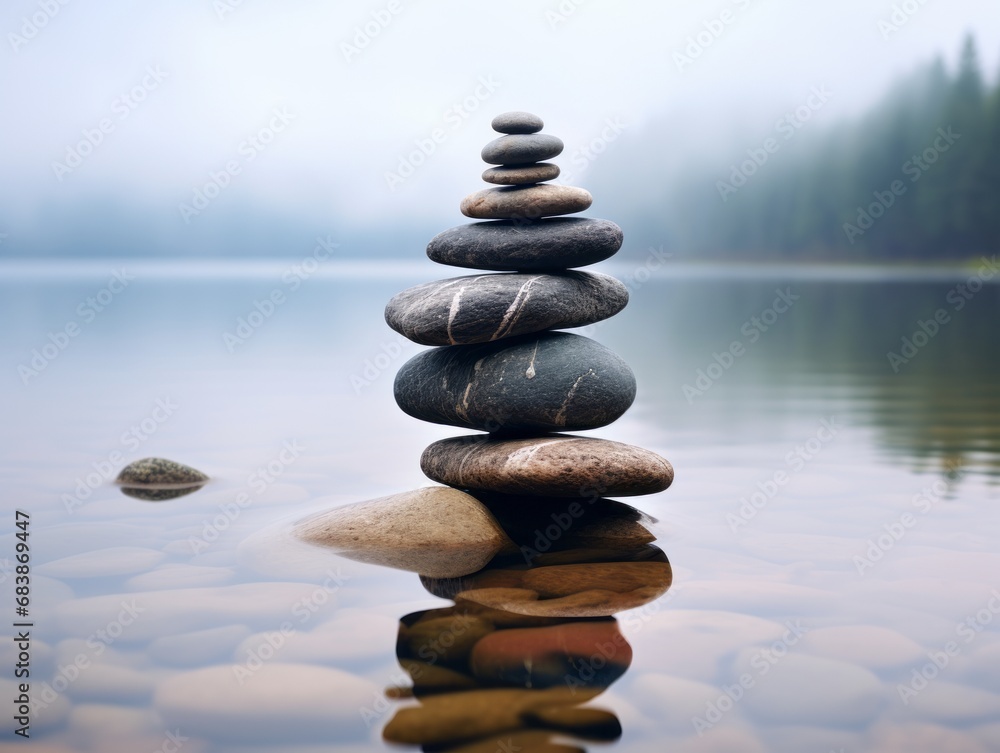 © monsifdx - Masterpiece of Nature: An Ethereal Stacked Stones Balancing Act Amidst Tranquil Waters Generative AI © monsifdx - Masterpiece of Nature: An Ethereal Stacked Stones Balancing Act Amidst Tranquil Waters Generative AI