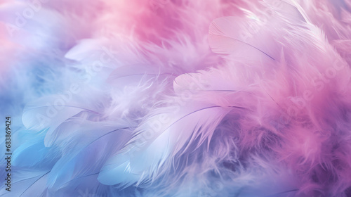 Vibrant feather patchwork backdrop: A close-up of a fluffy white feather surrounded by a mist of colorful pastel neon hues, creating an abstract and ethereal atmosphere