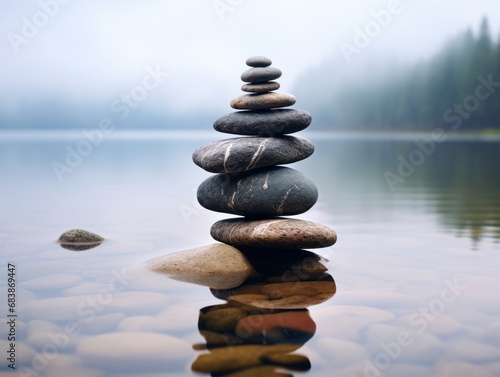 Masterpiece of Nature: An Ethereal Stacked Stones Balancing Act Amidst Tranquil Waters Generative AI