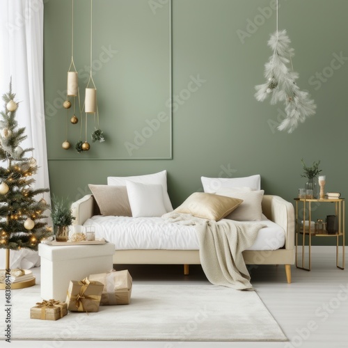 a bedroom on a white sofa decorated for christmas