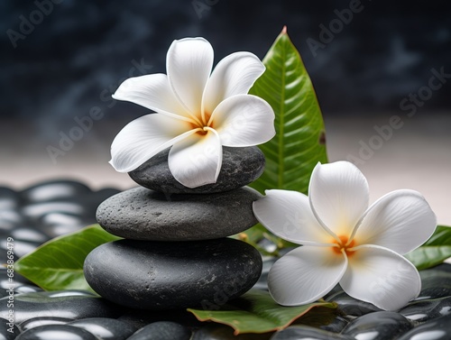 Stunning Tranquility  White Blooms Adorning a Zen-like Stack of Stones Generative AI