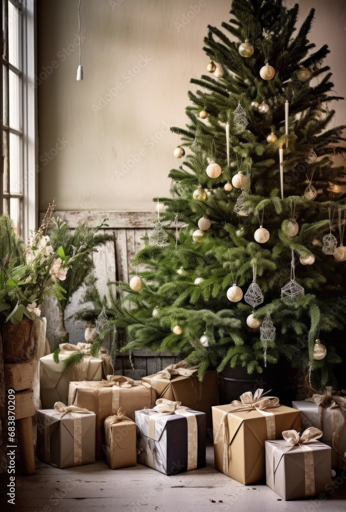 a christmas tree, presents and basket of wreaths, a christmas tree, presents and basket of wreaths,