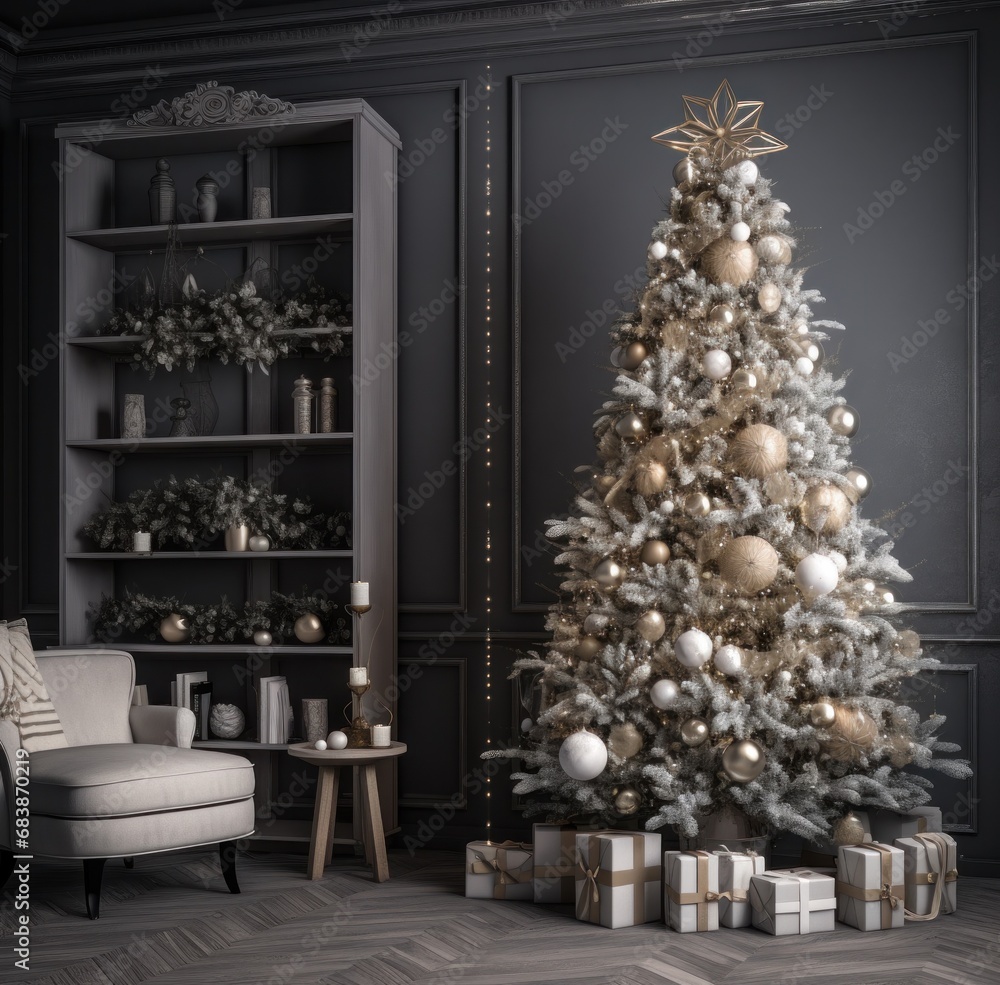 a christmas tree with decorations in a dark room,