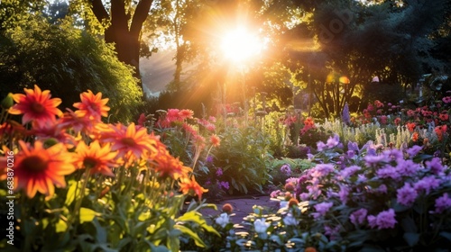 "Vivid bursts of color as the flowers bloom under the gentle morning sunlight in a hidden garden."