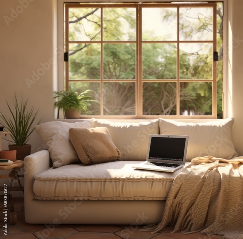 a couch in front of window with laptop,