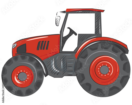 Red tractor for agricultural industry farmers and farming. Ideal for harvesting and field work. Vector illustration.