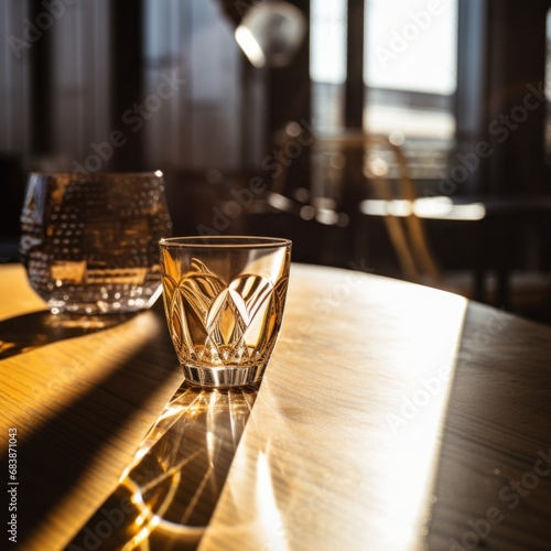 a glass and glass sitting on a table,