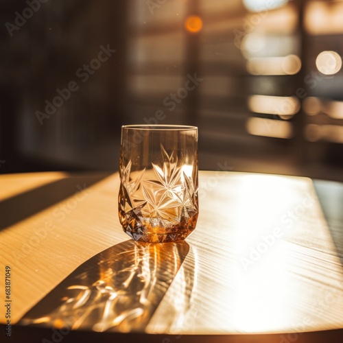a glass and glass sitting on a table,