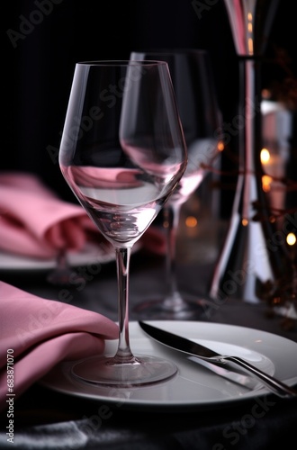 a glass of wine on a table set up with napkins