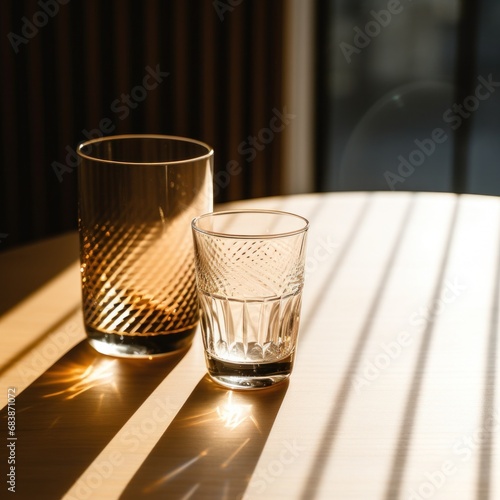 a glass and glass sitting on a table,