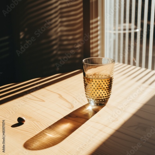 a glass and glass sitting on a table,