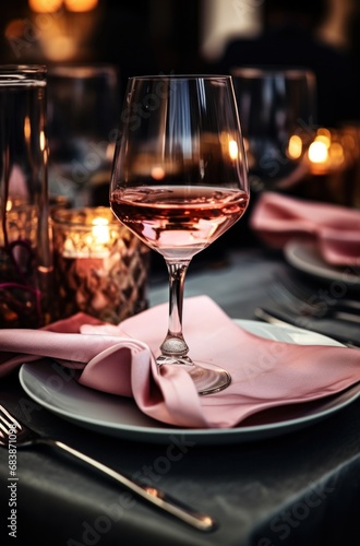 a glass of wine on a table set up with napkins