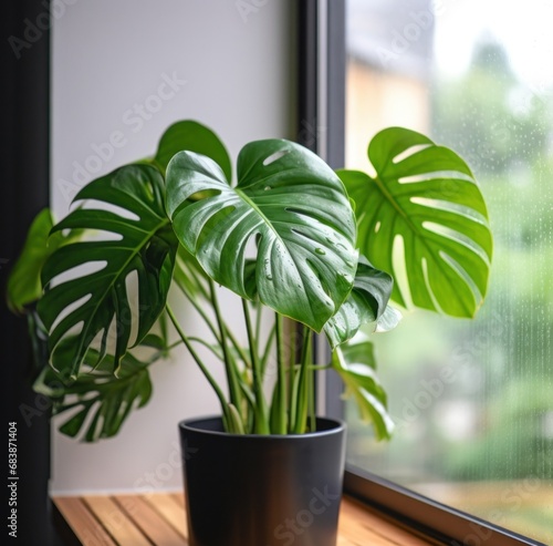 a monstera plant is sitting in a window,