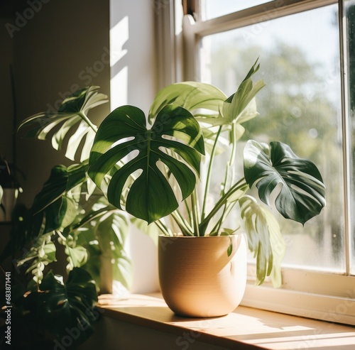 a monstera plant is sitting in a window,