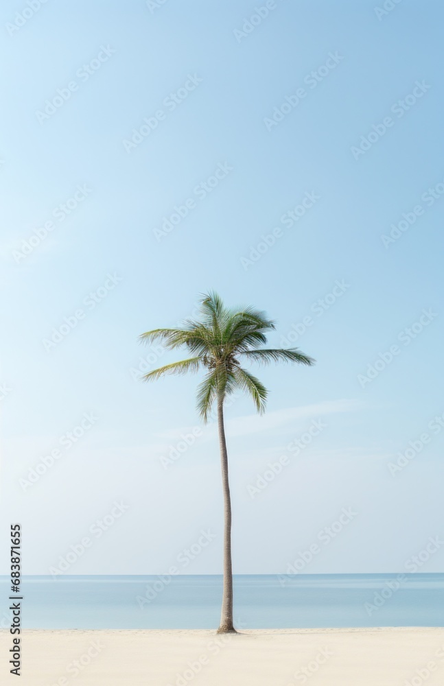 a palm tree sits in the sand, next to a beach,