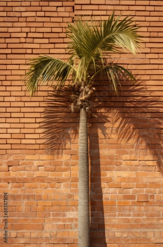 a palm tree sits by a brick wal, leaf patterns