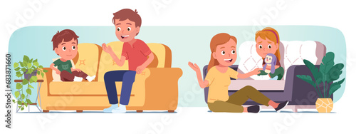 Parent person talking with child at home. Father man, son boy kid sit on couch together, mother woman comfort upset daughter girl. Family bonding, parenting, conversation flat vector illustration set