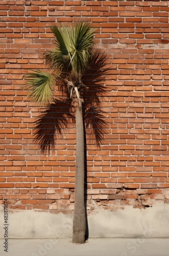 a palm tree sits by a brick wal, leaf patterns