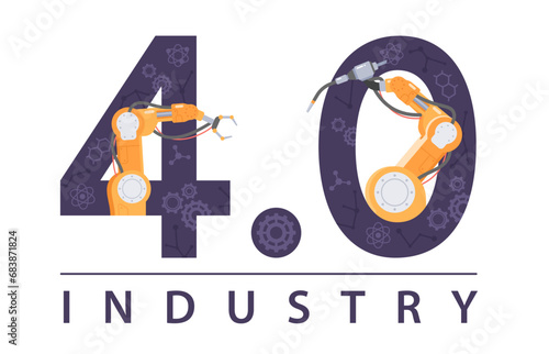 Fourth industrial revolution concept. Factory manufacturing automation, robotic technology success. Smart robot arms production machines. Industry 4.0 progress banner flat vector illustration