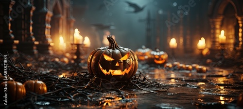 Eerie Halloween Night with Carved Pumpkins and Candles