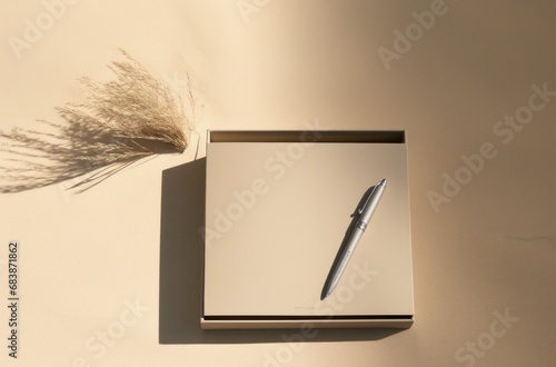 an empty paper box, pen, pens, and a notebook