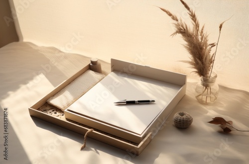 an empty paper box, pen, pens, and a notebook