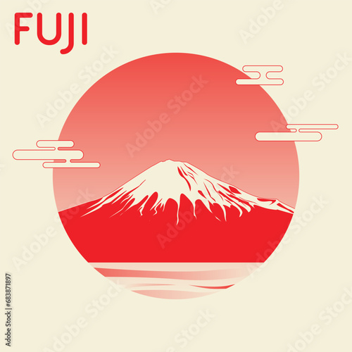 Asian country flat landscape at sunset with a mountain. Japan. Fujiyama. Silhouette. Vector abstract art Mount Fuji Japan landmark, landscape mountain with birds and sunrise sunset. Minimal style.