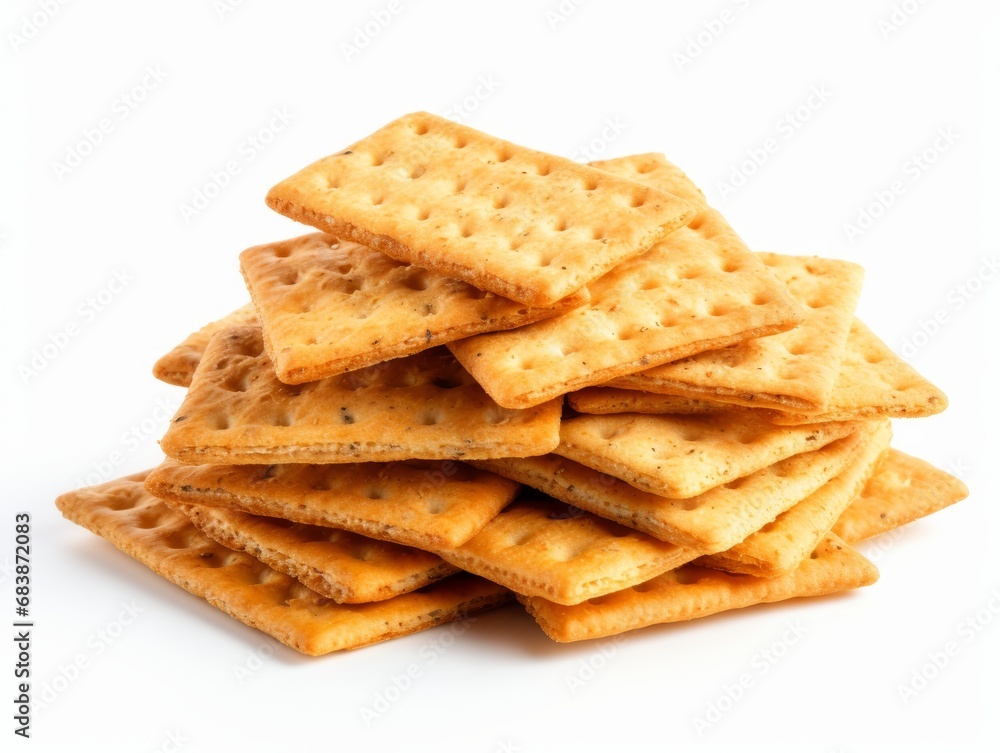 Discover the Perfect Snack: Crispy Crackers Isolated on a Pristine White Background! Generative AI Discover the Perfect Snack: Crispy Crackers Isolated on a Pristine White Background! Generative AI