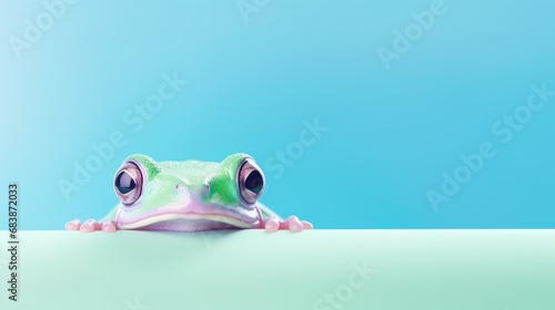 Green frog peeking over pastel bright background.