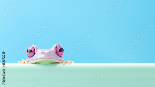 Pink frog peeking over pastel bright background.