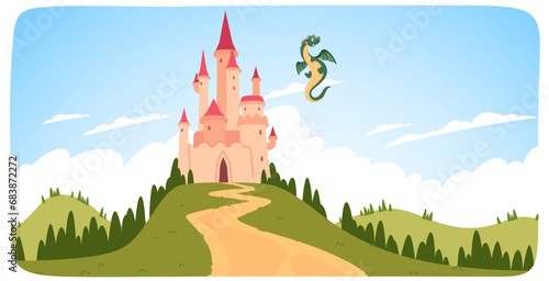 Landscape with beautiful fantasy stone castle. Historic medieval castle with towers on hill with forest, road, meadow. Kingdom, fairytale, architecture, history concept flat vector illustration