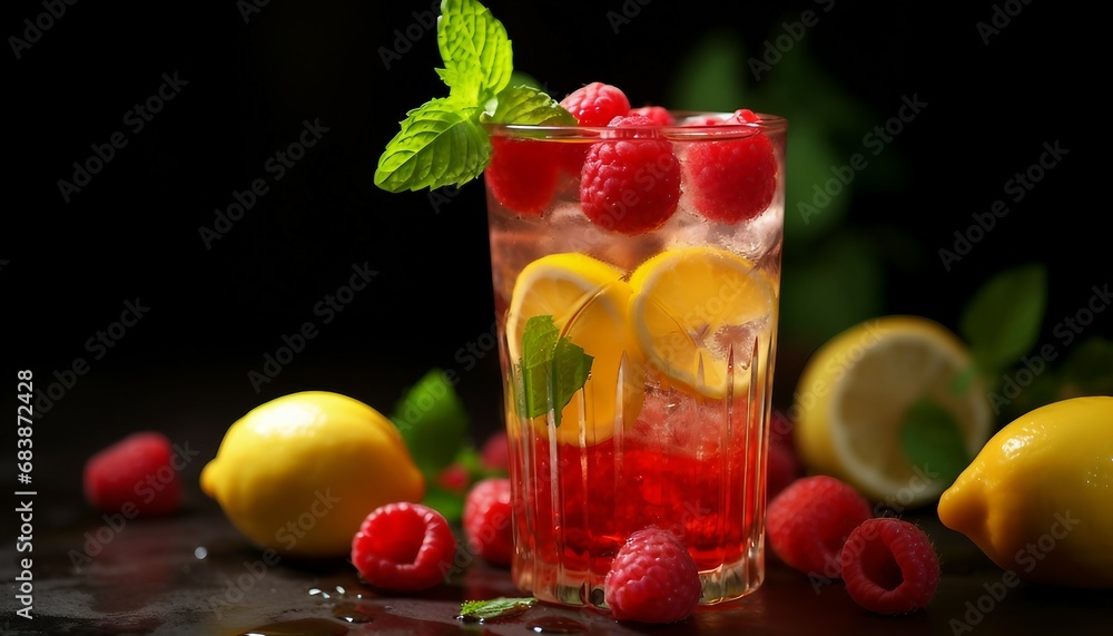Cocktail with raspberries, lemon and mint on dark background, Raspberry lemonade with fresh raspberries and mint in a glass on a black background. Cocktail with raspberries, lemon and mint on dark background, Raspberry lemonade with fresh raspberries and mint in a glass on a black background.