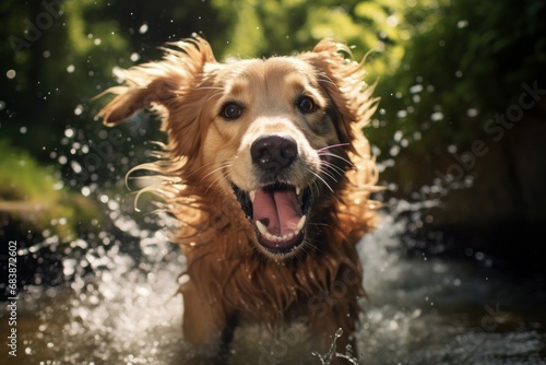 Refreshing Dog splashing water fun. Wet action. Generate Ai © juliars