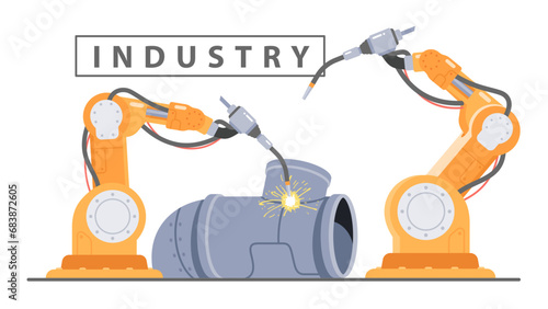 Industrial robot arms welding pipe. Automatic robotic hands working on assembly line. Innovation technology industry, manufacturing machinery equipment, production automation flat vector illustration
