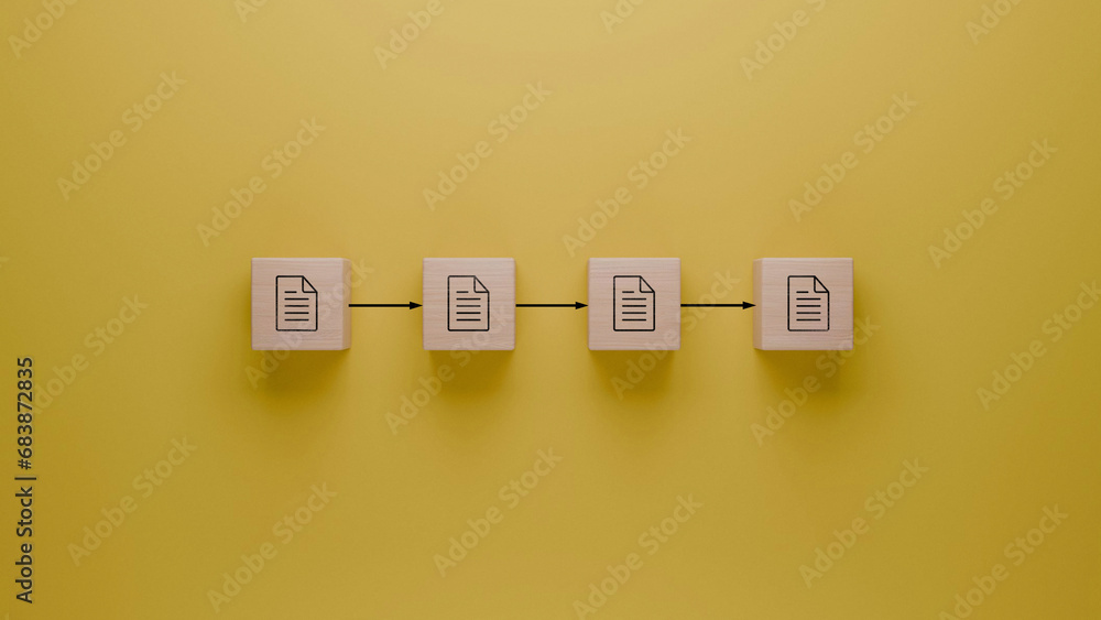 © G-Studio - Sequential workflow with wooden blocks on yellow background, document transfer process,  organization and file management concept