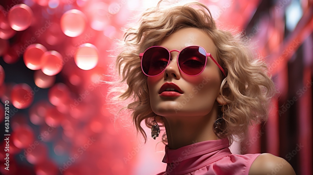 young woman with sunglasses in a pink light young woman with sunglasses in a pink light