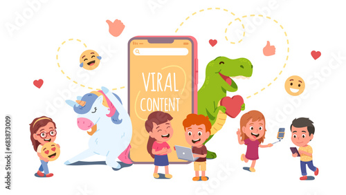 Kids sharing social media viral content on phones. Girls, boys children persons liking internet content on mobile smartphones. Viral content advertising marketing concept flat vector illustration