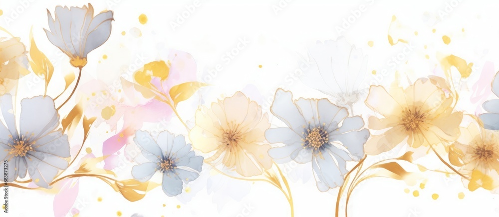 Spring floral in watercolor  background. Luxury flower wallpaper design with wild flowers, line art, golden texture. Elegant gold botanical illustration suitable for fabric, prints, Generative AI - obrazy, fototapety, plakaty 