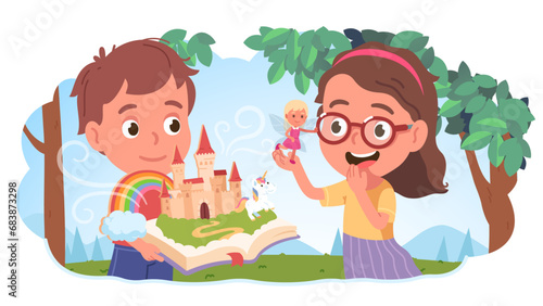Kids reading fairytale pop-up book together. Happy friends children enjoying unicorn and fairy tale imagination fantasy. Cute boy, girl characters playing popup book, concept vector illustration