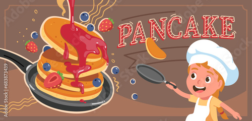 Chef girl kid cooking pancakes poster. Happy cook child tossing flipping pancake in frying pan. Delicious sweet dessert breakfast food with berry jam. Pancake cafe concept flat vector illustration