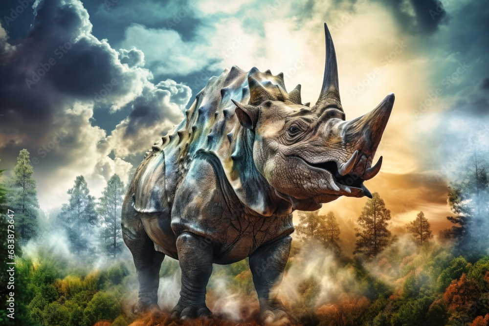 Fototapeta premium A terrible dinosaur Tyrannosaurus T-rex with an open huge mouth against a background of fire and smoke in the burning primeval jungle. Death of the dinosaurs.