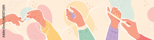 Nail care manicure background set. Filing, polishing beautiful fingernails, hand holding polish cosmetic bottle poster. Nail salon, professional cosmetology banner flat vector illustration collection
