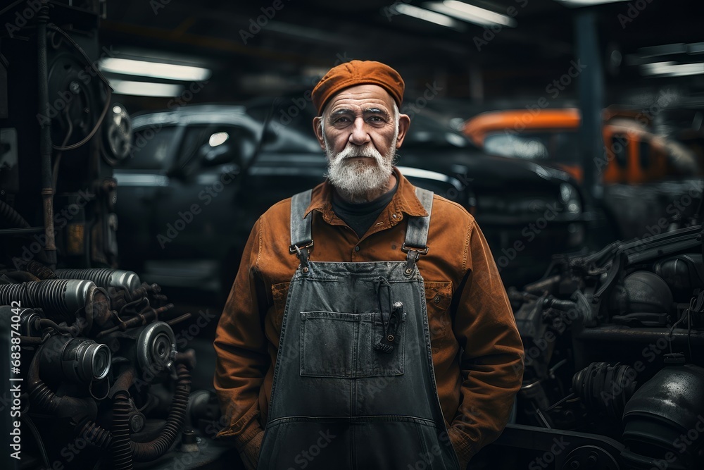 Engineer old man car motor assembly shop. Service mechanic. Generate AI Engineer old man car motor assembly shop. Service mechanic. Generate AI