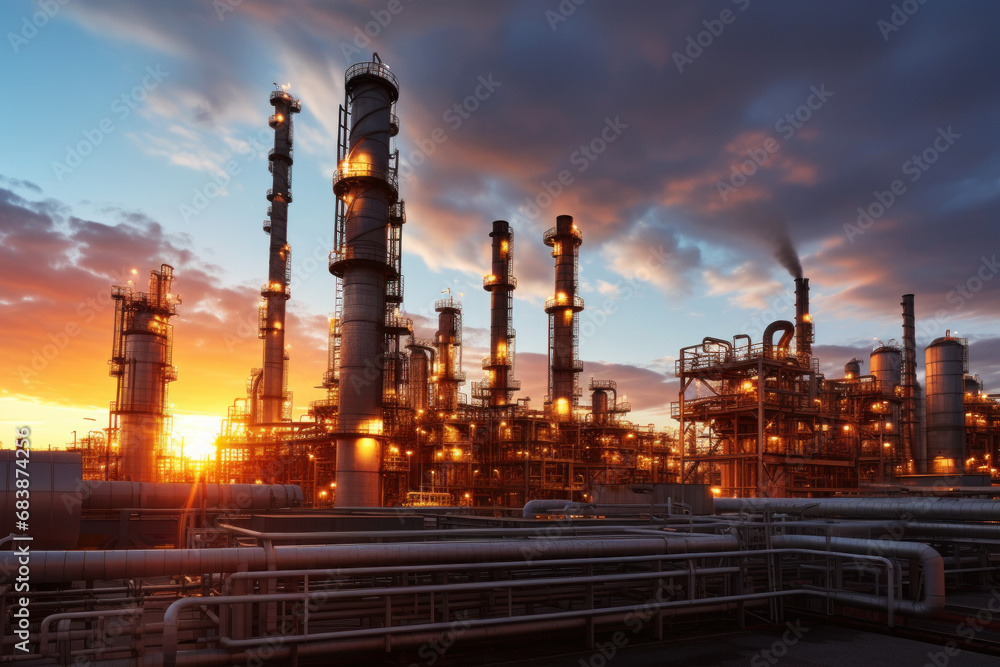 Fototapeta premium Oil refinery plant from industry zone, Aerial view oil and gas industrial, Refinery factory oil storage tank and pipeline steel at sunset. Smoke from the pipes.