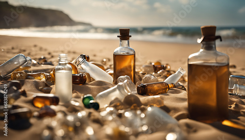 A polluted beach scene shows various plastics like bottles and containers strewn across light brown sand with ocean waves crashing in the background.