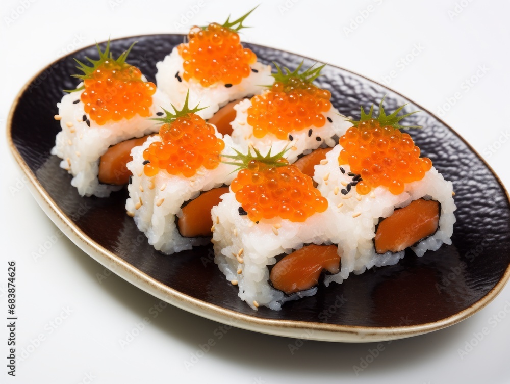 Indulge in Extravagance: 3 Exquisite Sushi Rolls Adorned with Orange Caviar Generative AI Indulge in Extravagance: 3 Exquisite Sushi Rolls Adorned with Orange Caviar Generative AI