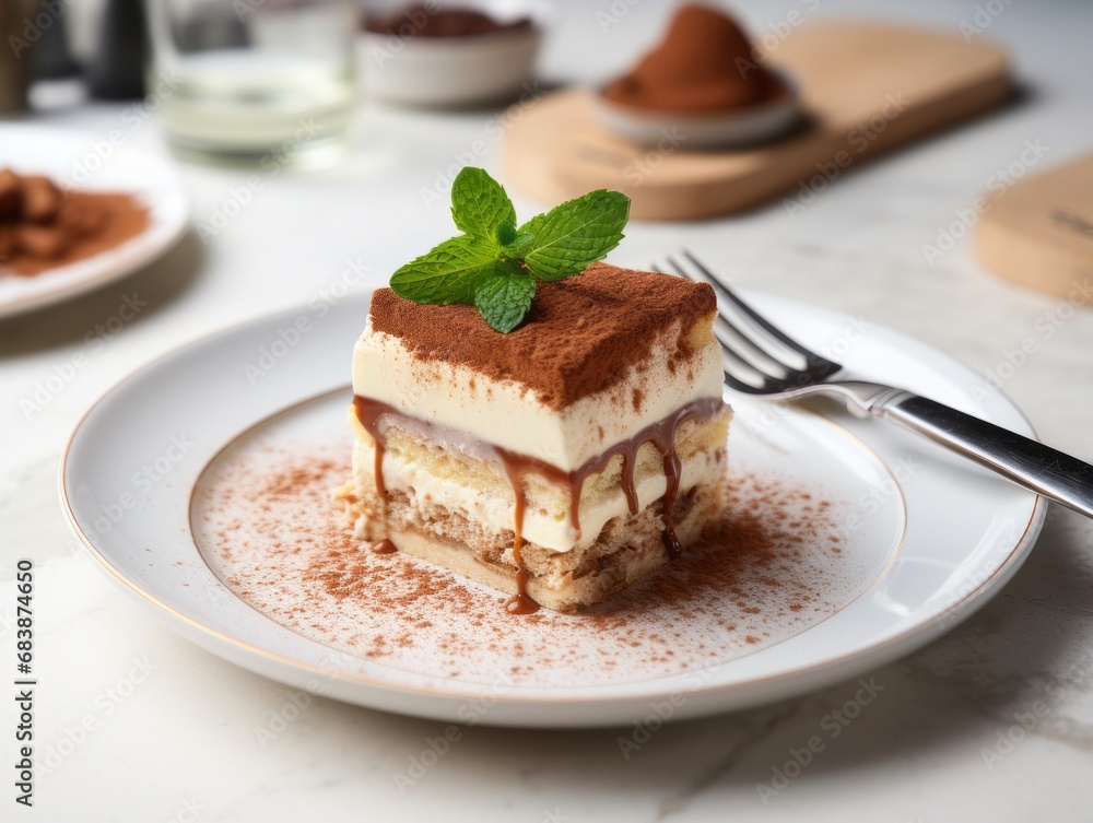 Indulge in Luxury: Tiramisu Cheesecake Masterpiece on a Pristine White Plate Generative AI Indulge in Luxury: Tiramisu Cheesecake Masterpiece on a Pristine White Plate Generative AI