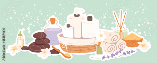 Spa salon treatment accessories set. Natural cosmetic oil, stones, salt, towels, aroma sticks composition. Aromatherapy care relaxation, wellness, spa salon background banner template vector