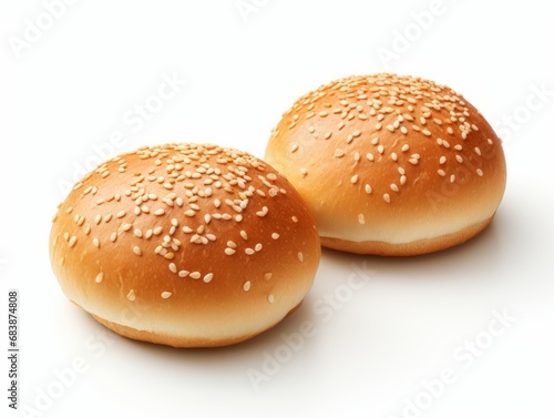Savor the Simple Perfection: Twin Sesame Buns on a Crisp White Background! Generative AI