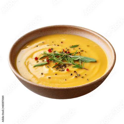 A Bowl of Creamy Roasted Butternut Squash and Sage Soup Isolated on a Transparent Background